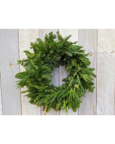 22 inch Undecorated Balsam and Pine size, inches height and inches wide.
