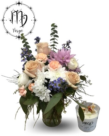 As Shown with 2 items: Flowers + candle size, inches height and inches wide.