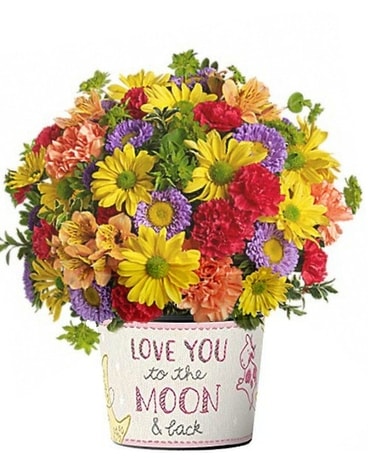 Moon & Back Baby Girl Floral Bouquet size, inches height and inches wide.