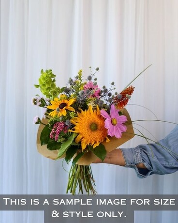 Hand Tied Arrangement size, inches height and inches wide.