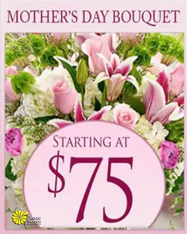 Custom Design Mother's Day Bouquet $75 size, inches height and inches wide.