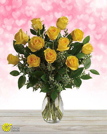 12 Yellow Roses size, inches height and inches wide.