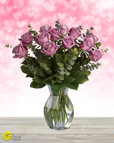 12 Lavender Roses size, inches height and inches wide.
