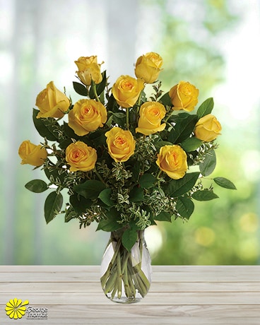 12 Yellow Roses size, inches height and inches wide.