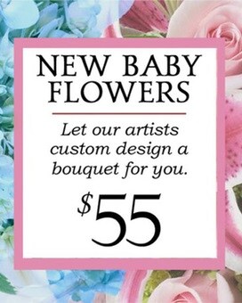 Custom Design New Baby Girl Bouquet size, inches height and inches wide.