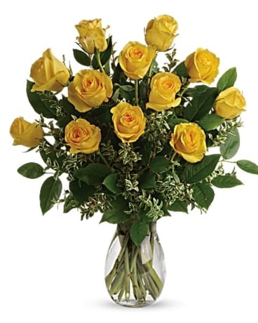 12 Long Stem Yellow Roses size, inches height and inches wide.