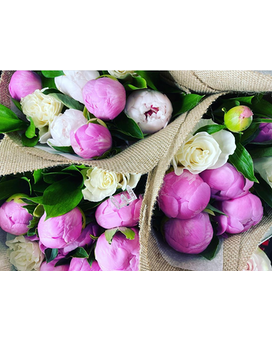6 Wrapped Peonies with greenery size, inches height and inches wide.