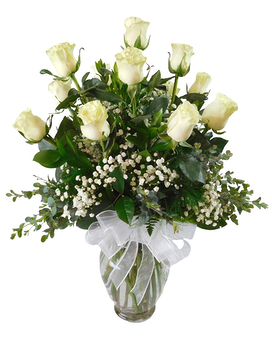 White Roses To Include Bow size, inches height and inches wide.