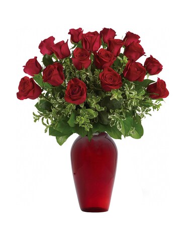 2 Dozen Red Roses Works size, inches height and inches wide.