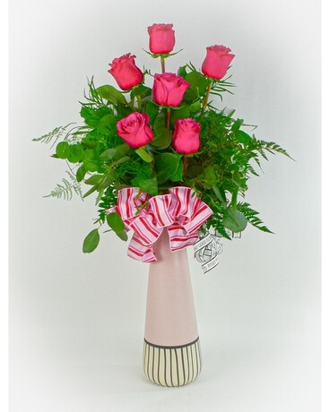 6 Hot Pink Rose Vase size, inches height and inches wide.