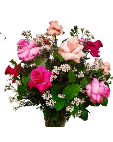 6 roses, in a bouquet size, inches height and inches wide.