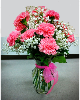 One Dozen Pink Carnations size, inches height and inches wide.