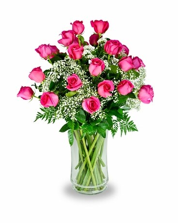 2 Dozen Hot Pink Roses size, inches height and inches wide.