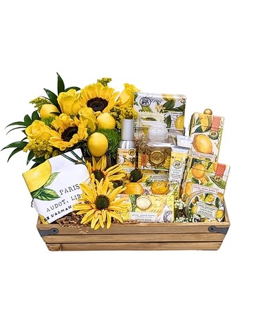 Upgrade (with fresh flower arrangement and wooden crate) size, inches height and inches wide.