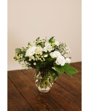 Small, all white, vase size, inches height and inches wide.