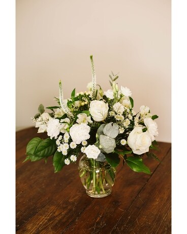 Medium, all white, vase size, inches height and inches wide.