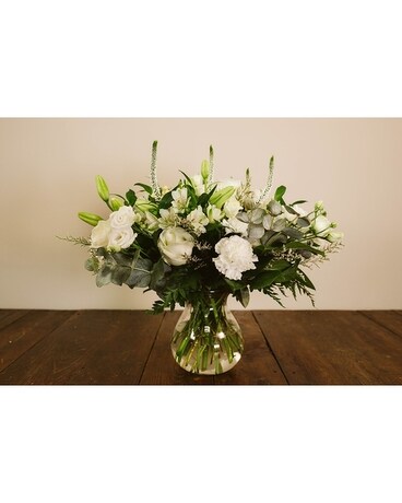 Large, all white, vase size, inches height and inches wide.