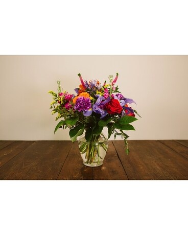 Vase, strong colours, medium size, inches height and inches wide.