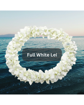 White Deluxe Lei size, inches height and inches wide.