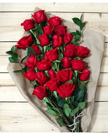 2 Dozen Red Roses Wrapped size, inches height and inches wide.