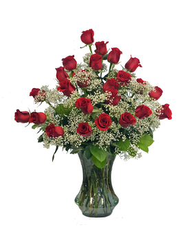 2 Dozen Red Roses with Babies Breath size, inches height and inches wide.
