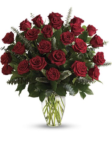 24 Roses with babies' breath size, inches height and inches wide.