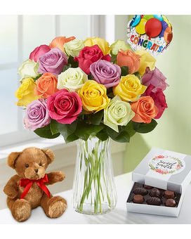 12 Roses in Vase & Bear size, inches height and inches wide.