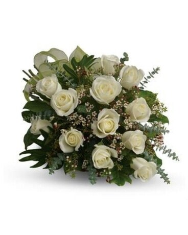 12 White with greens and fill flowers size, inches height and inches wide.