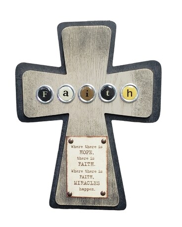 1. Faith Cross size, inches height and inches wide.