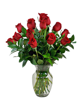 18 Medium Red Roses with Accent Flower size, 21 inches height and 15 inches wide.