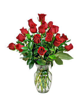 24 Medium Red Roses with Accent Flower size, 22 inches height and 16 inches wide.