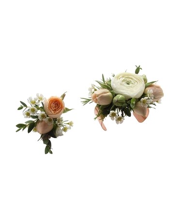 Corsage And Boutonniere Set size, inches height and inches wide.
