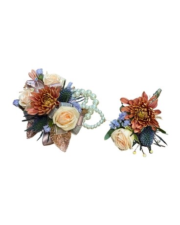 Corsage And Boutonniere Set size, inches height and inches wide.