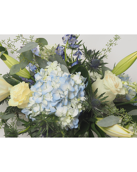 BLUE MIX- Urn Arrangement size, inches height and inches wide.