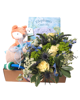 Baby Boy Basket w Blue Florals size, inches height and inches wide.