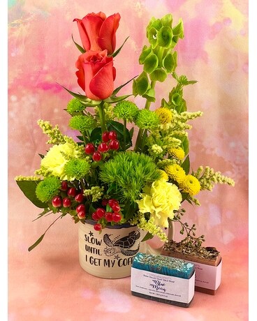 Arrangement w/ 2 Soaps size, inches height and inches wide.