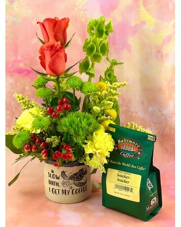Arrangement w/ Coffee size, inches height and inches wide.