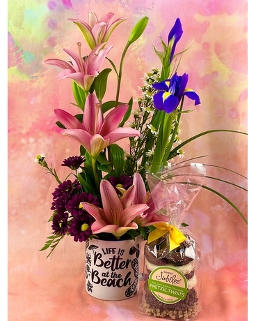 Arrangement w/ Choco Covered Pretzels size, inches height and inches wide.