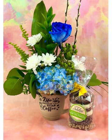 Arrangement w/ Choco Covered Pretzels size, inches height and inches wide.