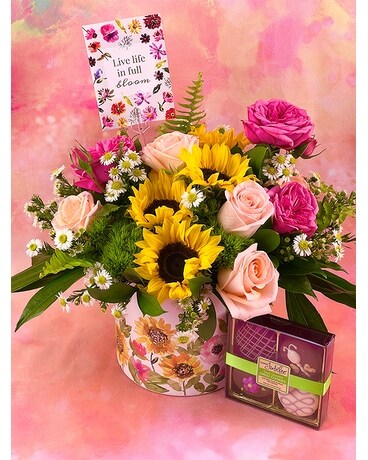Arrangement w/ chocolate covered oreo's & wildflower seeds size, inches height and inches wide.