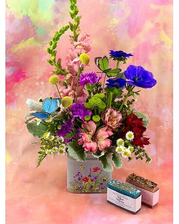 Arrangement w/ 2 soaps size, inches height and inches wide.