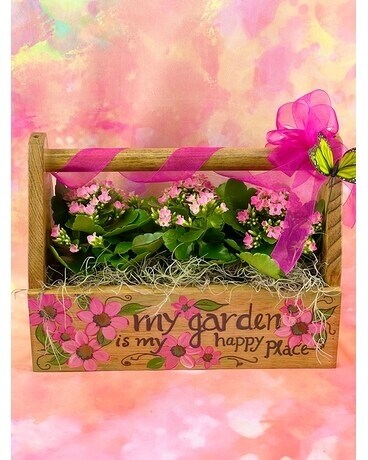 Garden Box w/ Pink Kalanchoe's size, inches height and inches wide.