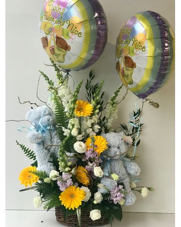 Baby Boy Twin Arrangement size, inches height and inches wide.