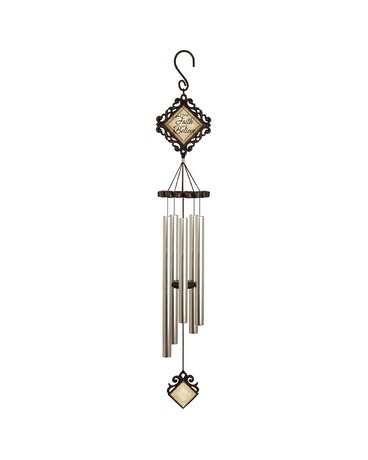 On a metal chime stand with a bow size, inches height and inches wide.