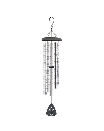On a metal chime stand with a bow size, inches height and inches wide.