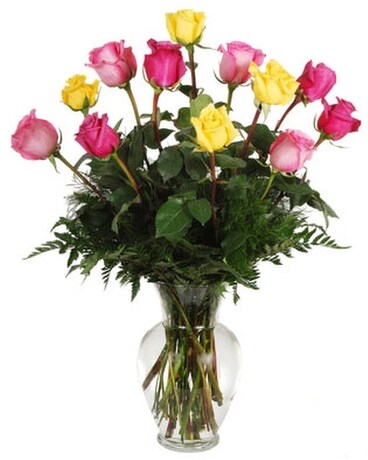 18 Mixed Colored Vased Roses size, inches height and inches wide.