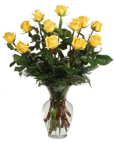 12 Yellow Vased Roses size, inches height and inches wide.