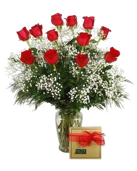 One Dozen with 1LB Chocolates size, inches height and inches wide.