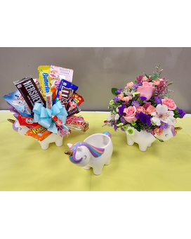Unicorn filled with Candy Bouquet size, inches height and inches wide.