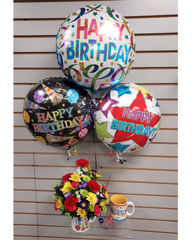Birthday Mug-w/fresh & 3 birthday Balloons size, inches height and inches wide.